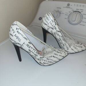 Shoe Dazzle White Script Pointed Toe Stiletto Heels with Black Soles